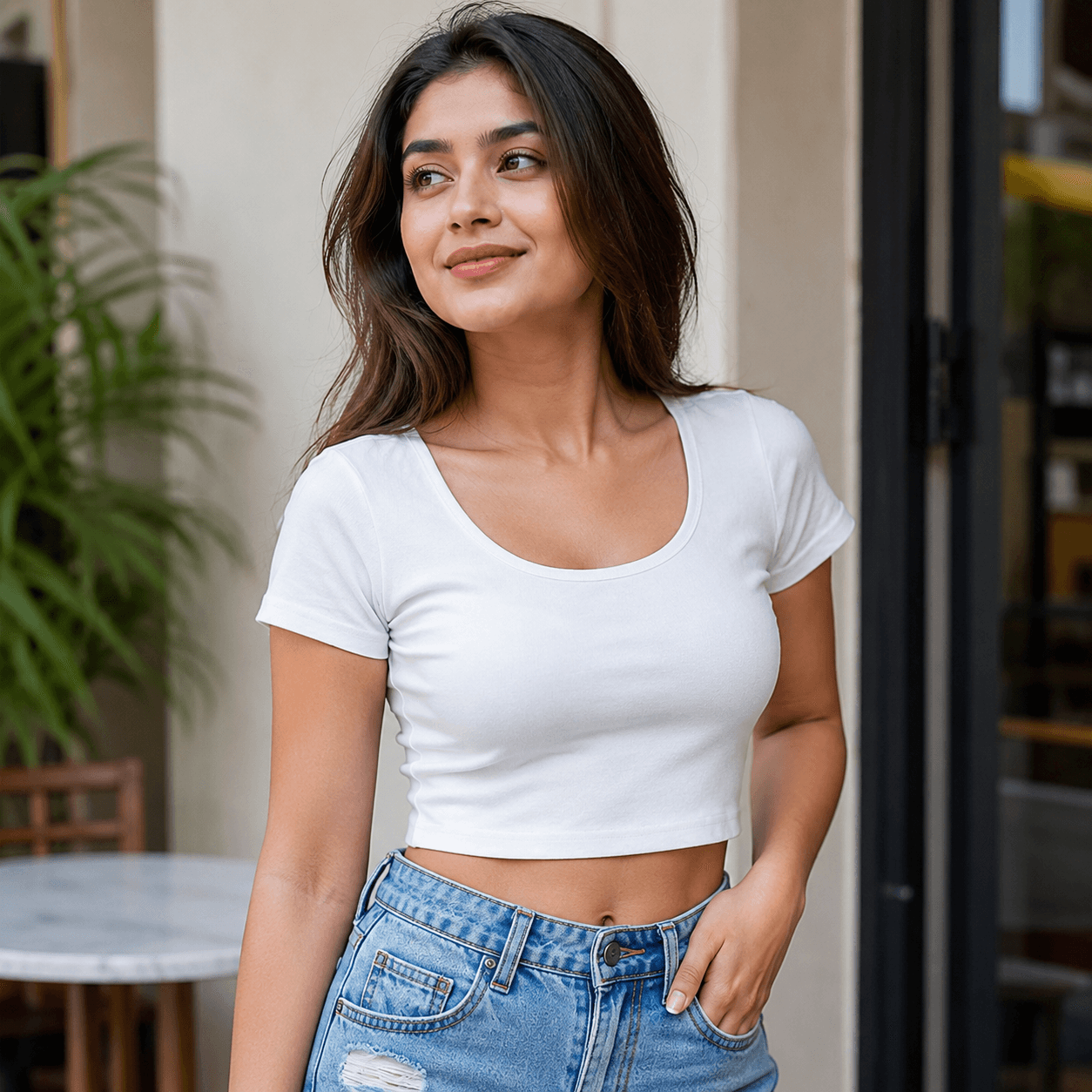 Solid Color Scoop Neck Crop Top