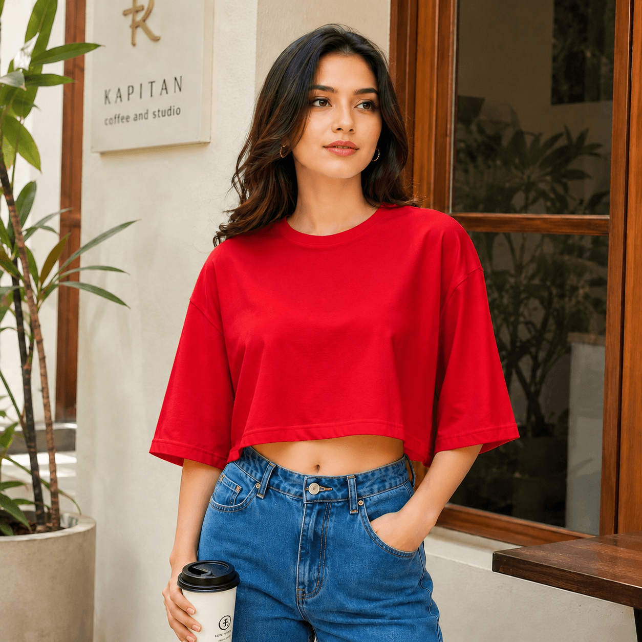 Women's Red Drop Shoulder Crop Top