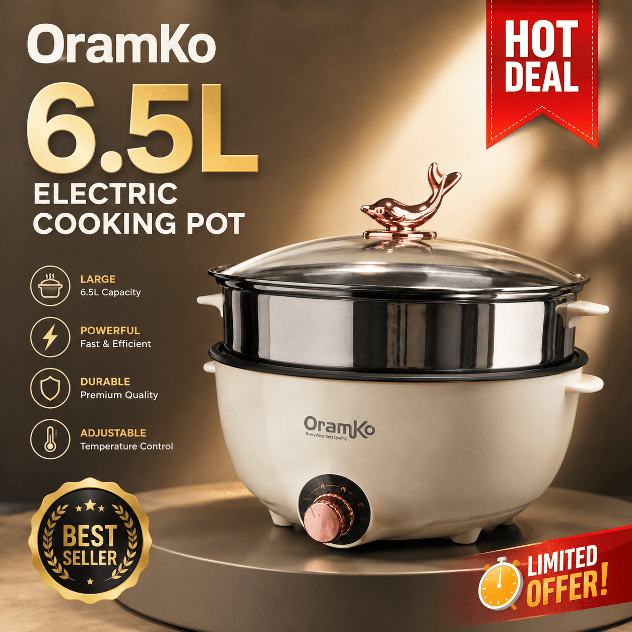 Oramko 6.5L Electric Cooking Pot - 1200w - multi colour