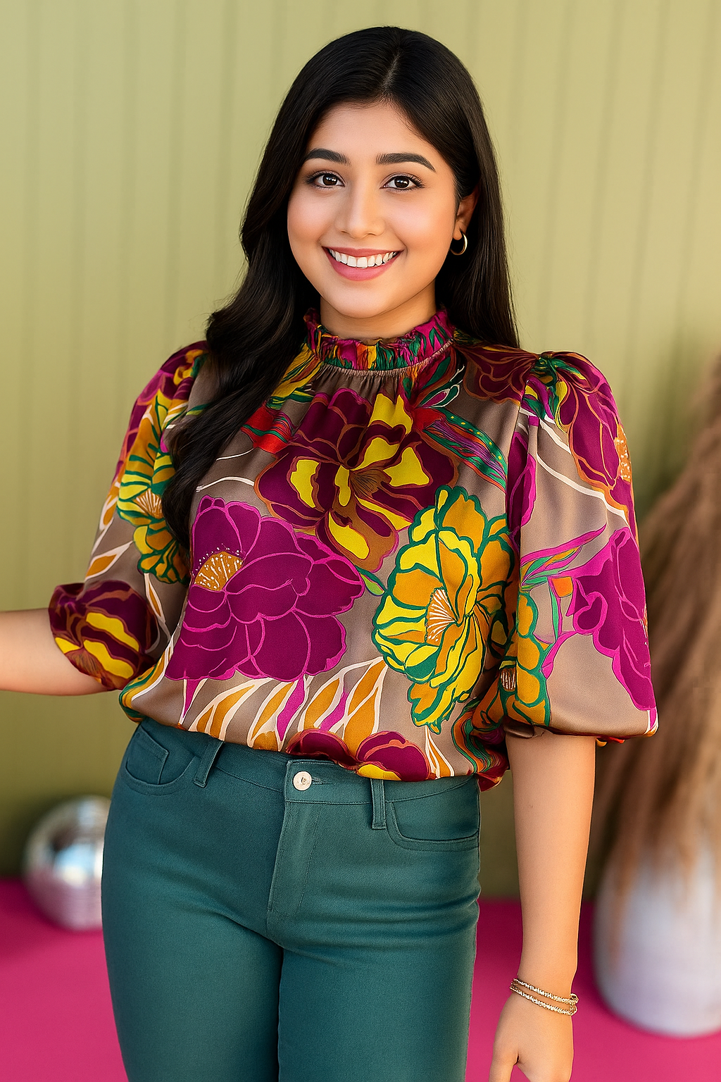 Polished & Pretty – Mock Neck Top with Soft Ruffles and Clean Lines