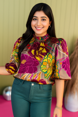 Polished & Pretty – Mock Neck Top with Soft Ruffles and Clean Lines