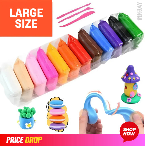 12 Pcs Air Dry Modeling Clay Set – Colorful Soft Clay + Tools + Neon Erasers + Glitter for DIY Kids Crafts