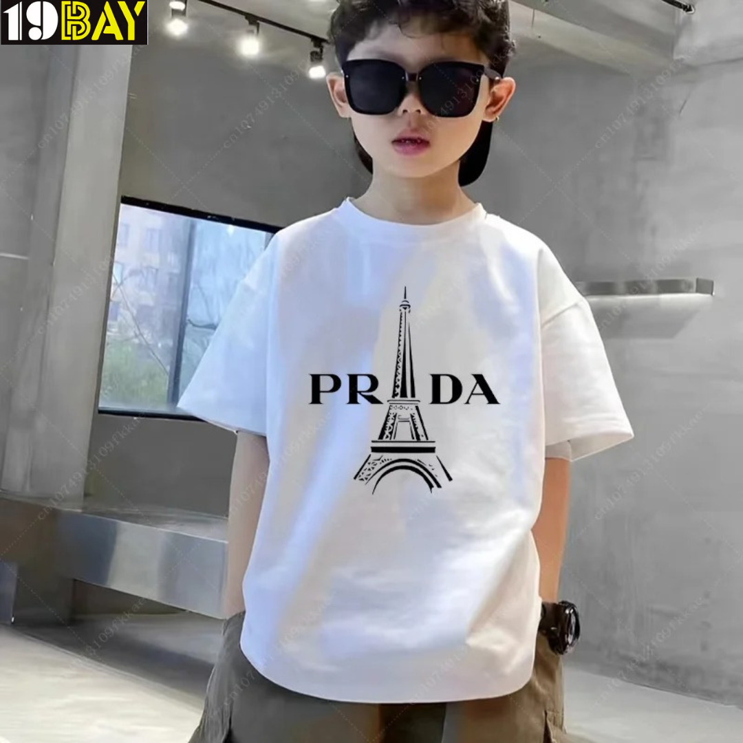 Modern Luxe Prada White Kids Drop Shoulder Oversized T-Shirt