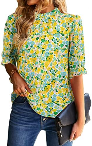 Elegant Mock Neck Ruffle Top unique Folwer Print Short Sleeves