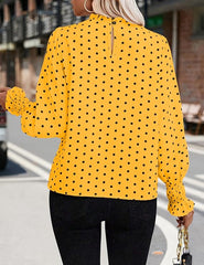 Elegant Mock Neck Ruffle Top unique Polka Dots Blouse Long Sleeve