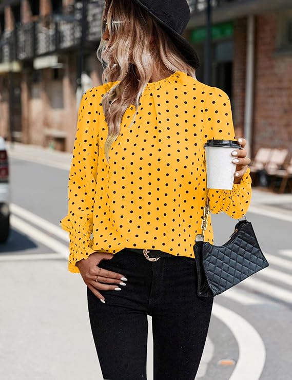 Elegant Mock Neck Ruffle Top unique Polka Dots Blouse Long Sleeve