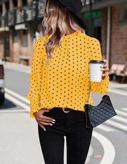 Elegant Mock Neck Ruffle Top unique Polka Dots Blouse Long Sleeve