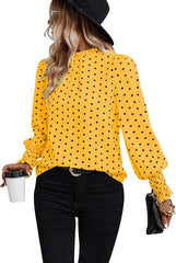 Elegant Mock Neck Ruffle Top unique Polka Dots Blouse Long Sleeve