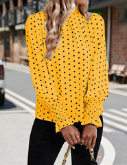 Elegant Mock Neck Ruffle Top unique Polka Dots Blouse Long Sleeve
