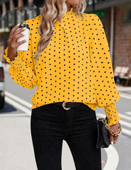 Elegant Mock Neck Ruffle Top unique Polka Dots Blouse Long Sleeve