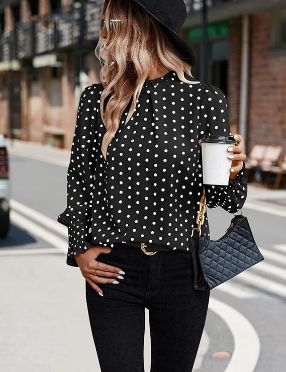 Elegant Mock Neck Ruffle Top Black Print– Women's Stylish Statement Blouse Full Sleeve