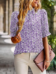 Elegant Mock Neck Ruffle Top Purple Print– Women's Stylish Statement Blouse Short Sleeves