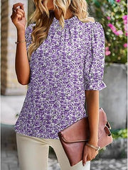 Elegant Mock Neck Ruffle Top Purple Print– Women's Stylish Statement Blouse Short Sleeves