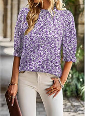 Elegant Mock Neck Ruffle Top Purple Print– Women's Stylish Statement Blouse Short Sleeves
