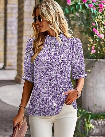 Elegant Mock Neck Ruffle Top Purple Print– Women's Stylish Statement Blouse Short Sleeves
