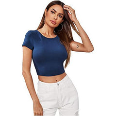 Comfy Casual Navy Blue Scoop Neck Crop Tops Tee